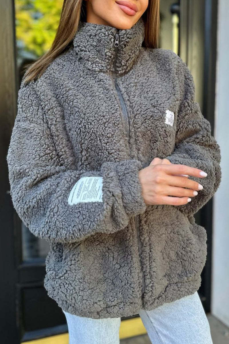 Street Wave Womens Cozy Fleece Jacket With Practical Pockets And High Collar For Cold Weather