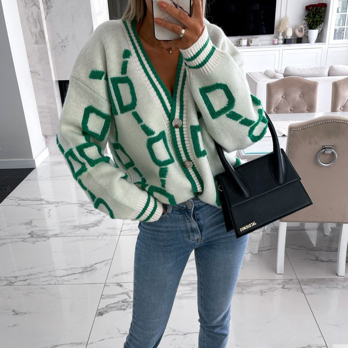 Women's Knit Cardigan With Graphic Pattern By Street-wave Elegant Button Front For Fashion-Forward Women