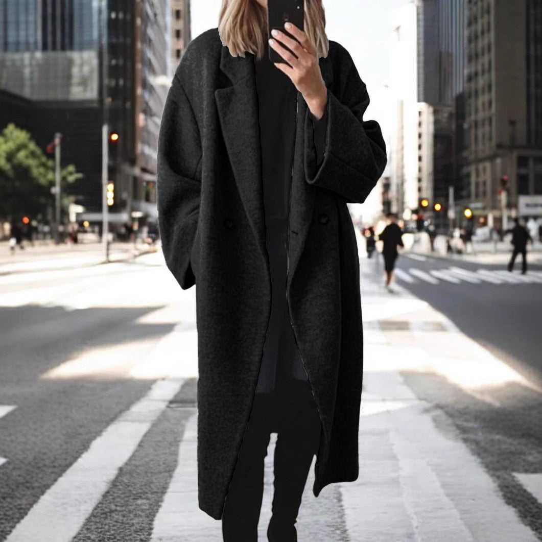 Street-Wave Oversized Wool Coat For Women With Double Button Design And Relaxed Fit Warmth