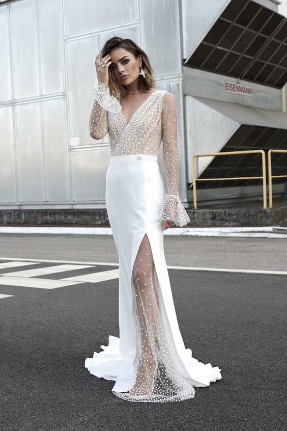 Street-wave High Slit Evening Dress With Transparent Pearl Embellished Bodice For Elegant Events Women