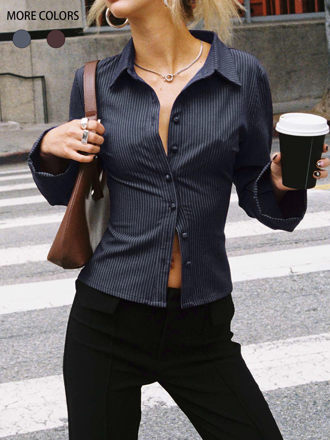 Street-Wave Tailored Womens Button-Down Blouse With Notched Collar And Fine Stripes