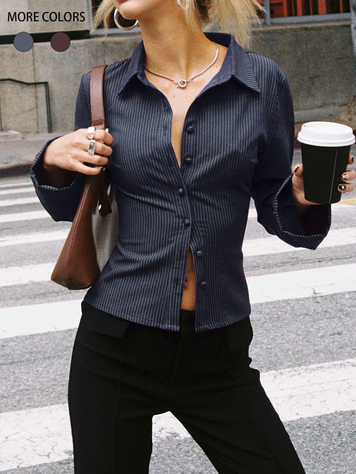 Street-Wave Tailored Womens Button-Down Blouse With Notched Collar And Fine Stripes