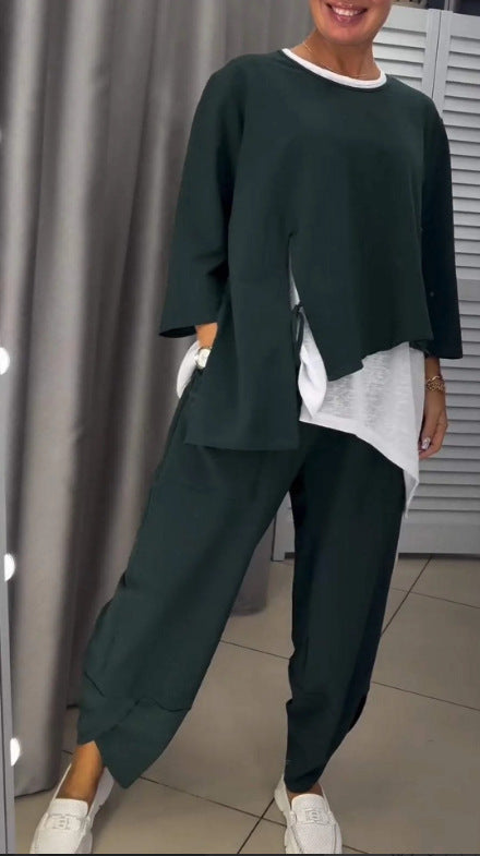 Streetwave Womens Lounge Set Layered Top With Side Slits And Overlay Blouse Casual Chic