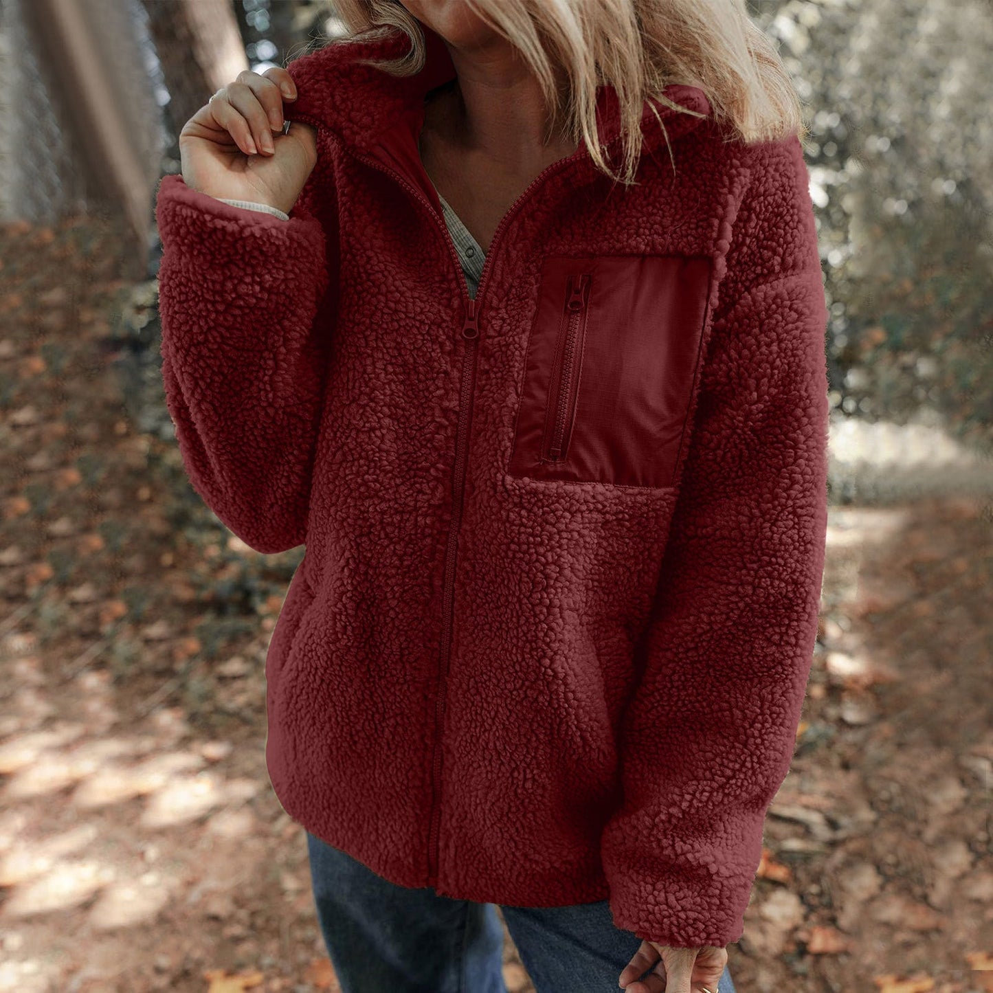 Women Fleece Jacket With High Collar Chest Pocket Streetwave Warm Cozy Everyday Wear