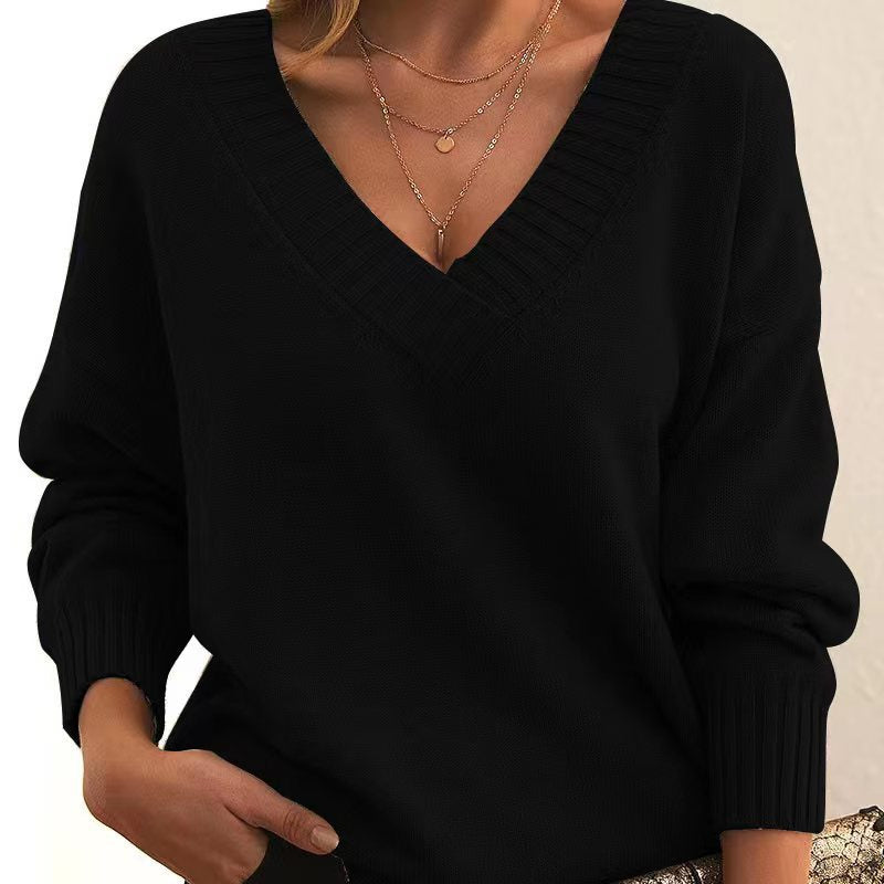 Street-Wave Women's V-Neck Knit Sweater, Soft Cotton-Acrylic Blend, Cozy All-Season Comfort for Everyday Casual