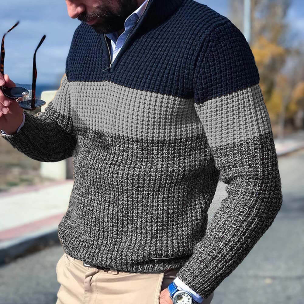 Street-wave Block Color Knit Sweater For Men Warm Acrylic Modern Casual Pullover