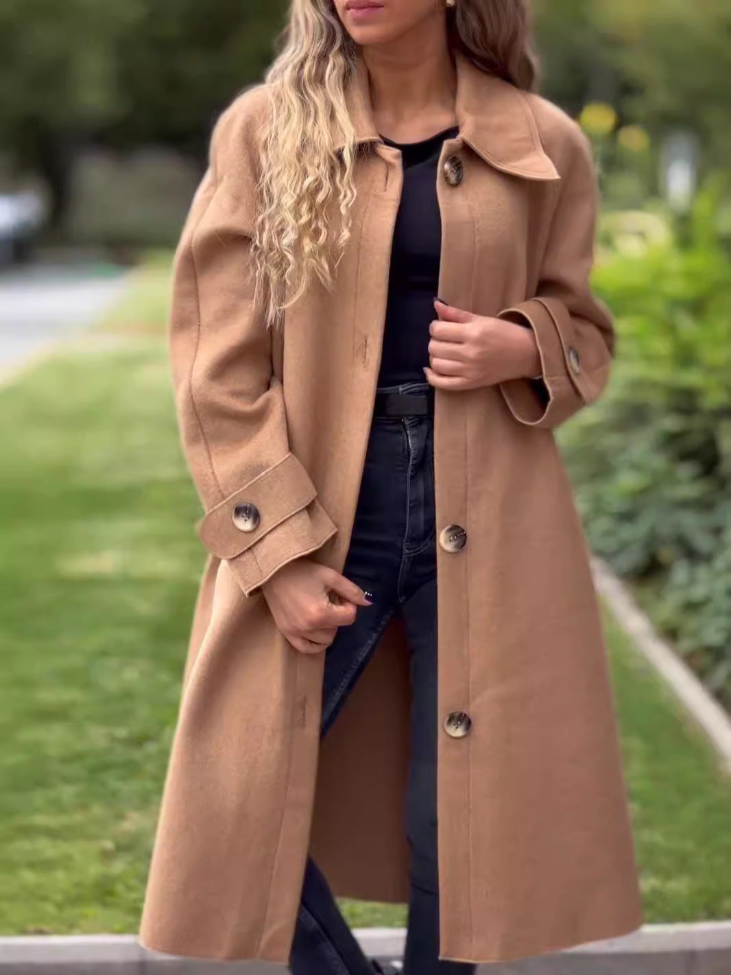 Street-Wave Women's Wool-Blend Coat With Relaxed Fit Front Button Closure Bold Lapels