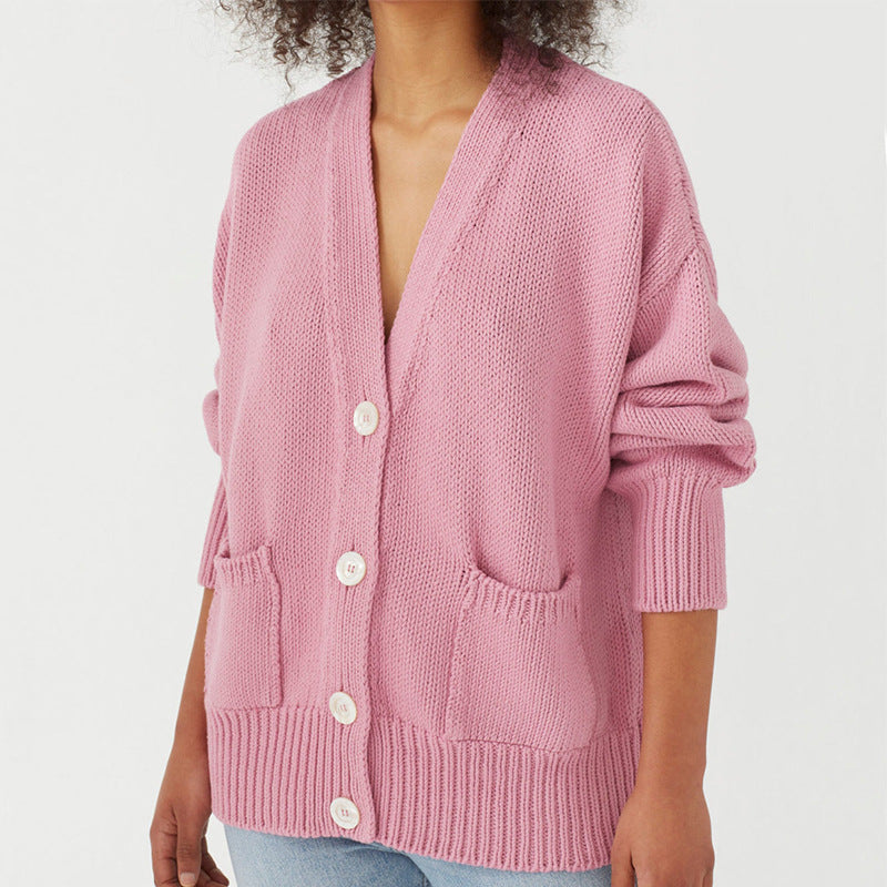 Street-wave Women's Oversized Cardigan With Pockets and V-Neck Soft Cotton Blend Comfort