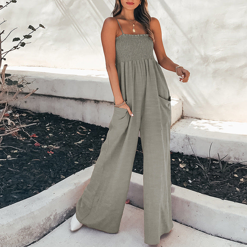 Street-Wave Women Jumpsuit Relaxed Fit Spaghetti Straps Ankle Length Pockets