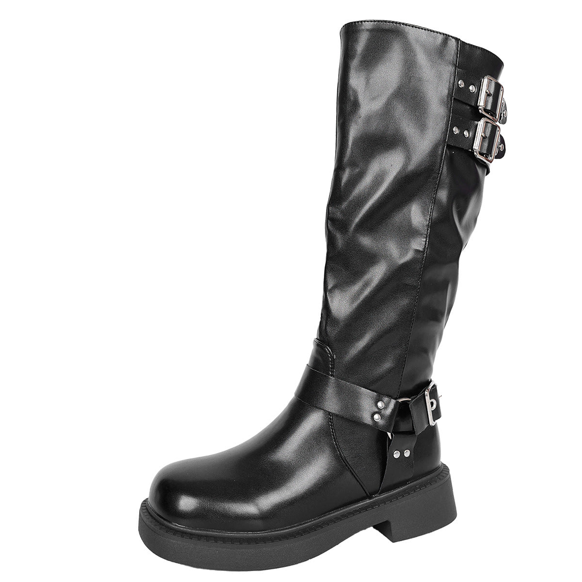 Street-wave Women's Knee-High Boots With Buckle Details Durable Faux Leather Winter Style