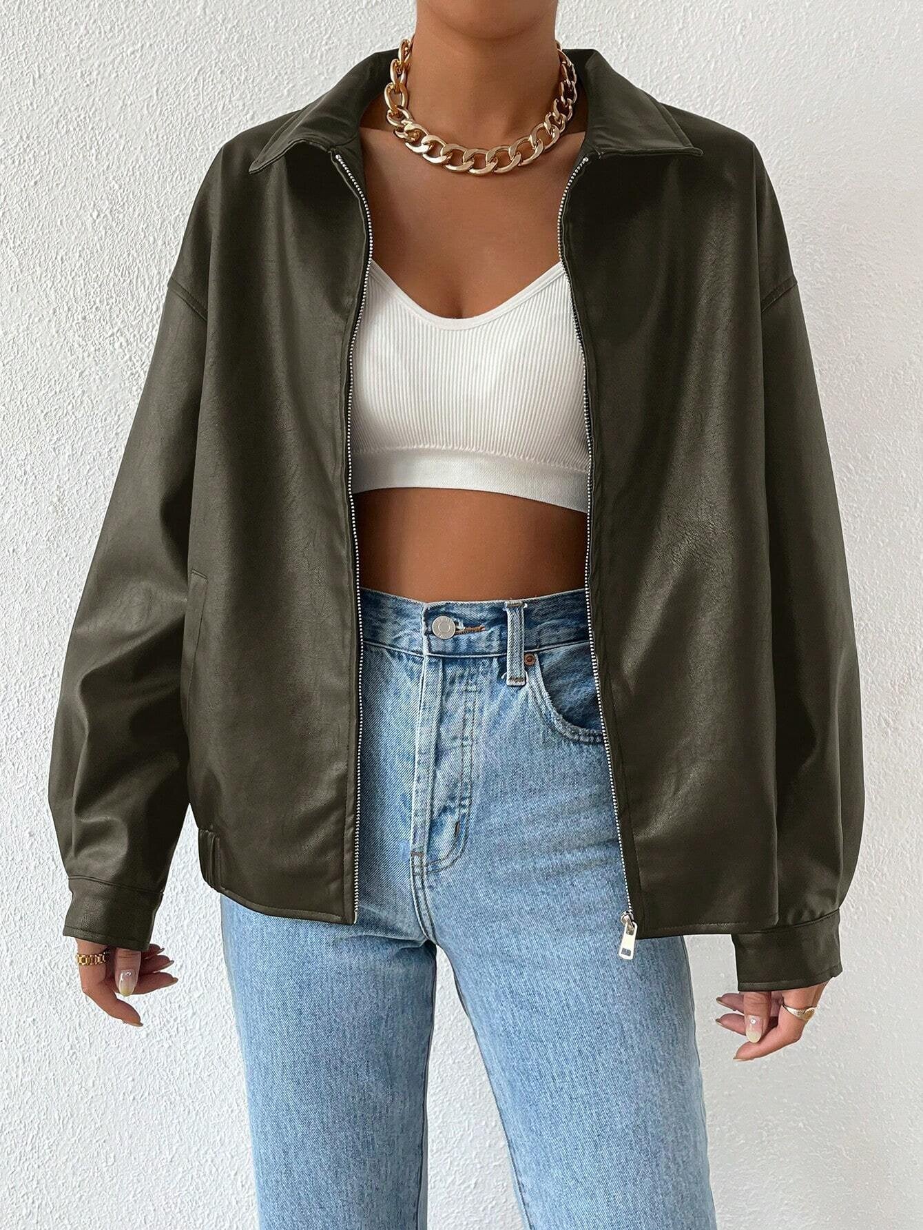 Street-wave Women's Trendy Faux Leather Jacket With Modern Fit And Casual Zip For Women