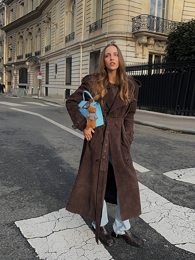 Street-wave Women Long Faux Suede Trench Coat With Modern Details For Elegant Everyday Wear
