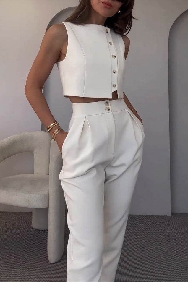 Street-Wave Sleeveless Button-Up Vest Two-Piece Set With High-Waist Cropped Pants For Women Chic Everyday Style
