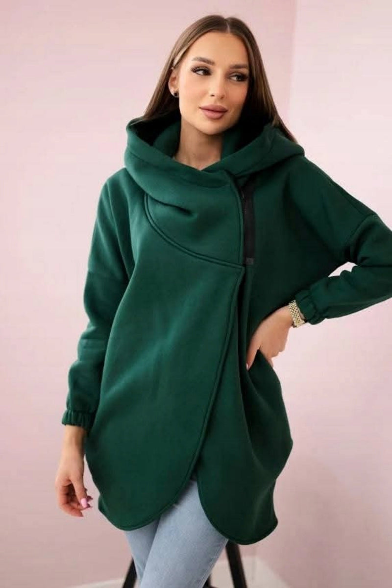 Street-wave Asymmetrical Zip Fleece Hoodie Jacket For Women, Cozy Warmth, Trendy Streetwear