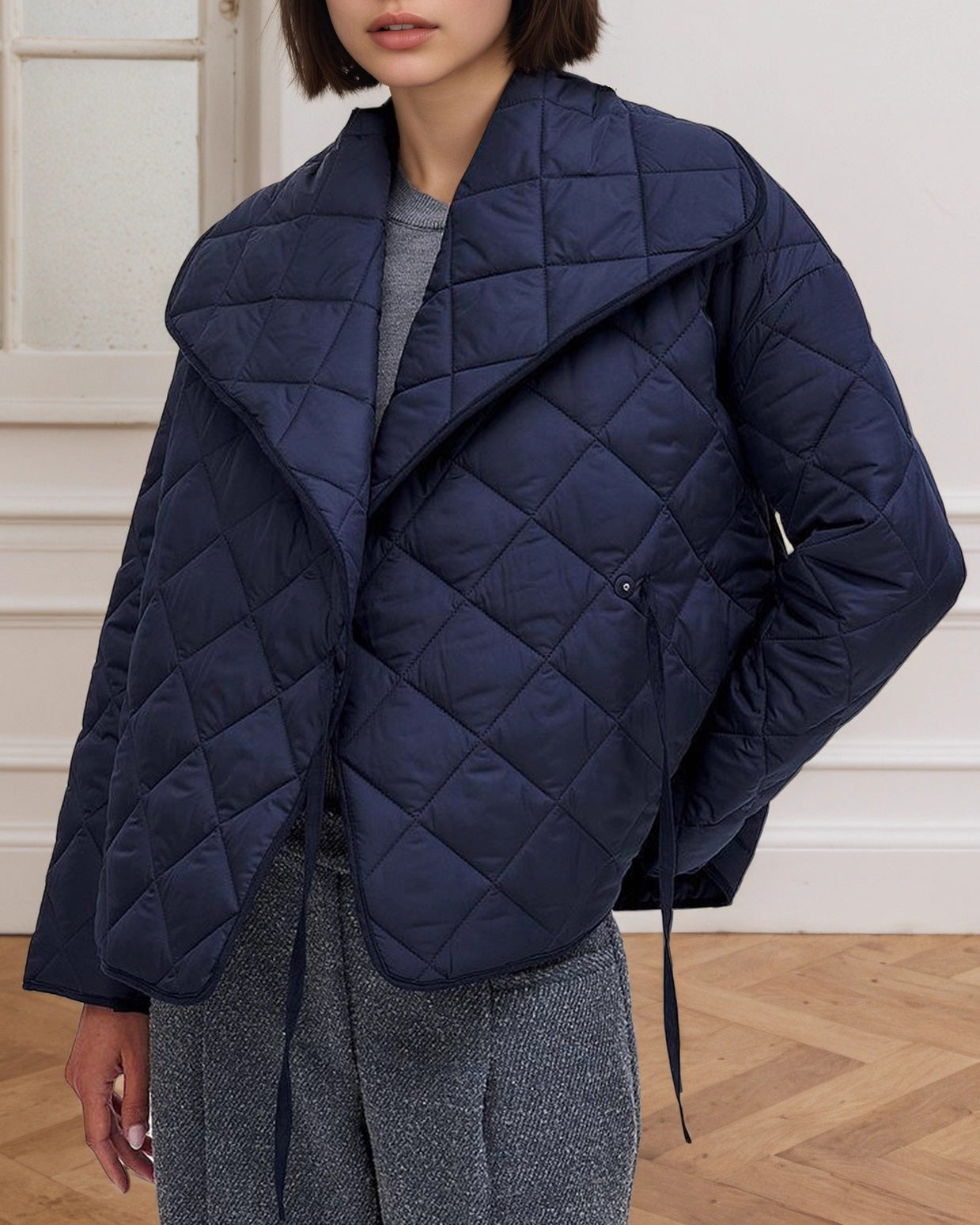 Street-Wave Quilted Cotton Jacket Women Chic Cropped Diamond Quilted Navy With Large Lapel Collar