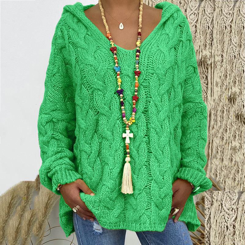 Street-wave Knitted Hoodie With V-Neck Cozy Cable Knit Sweatshirt For Women Elegant Casual Look