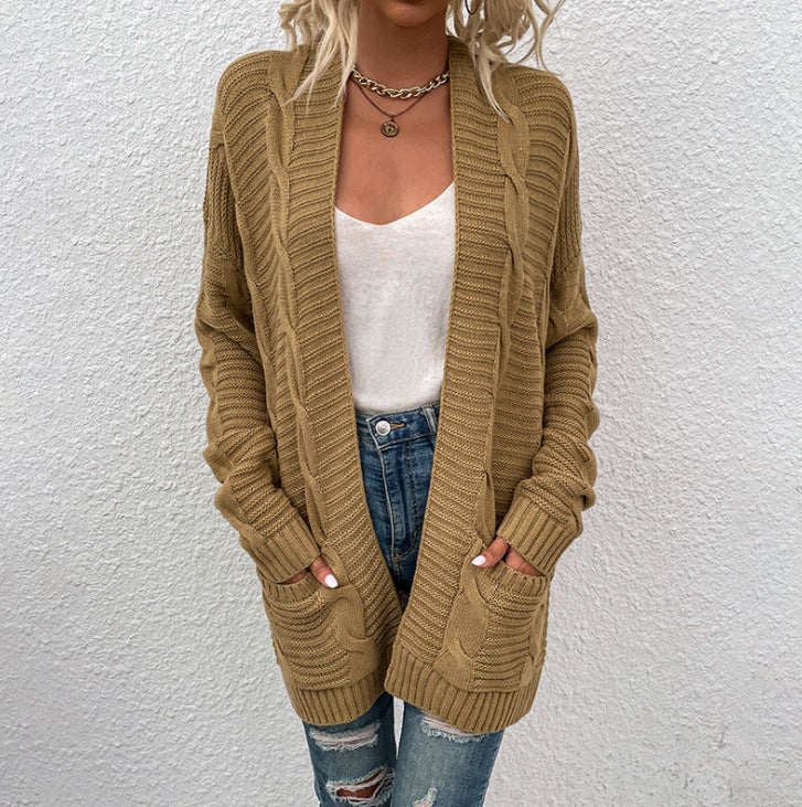 Chunky Knit Cardigan For Women Street Wave Cozy Structured Design With Large Pockets