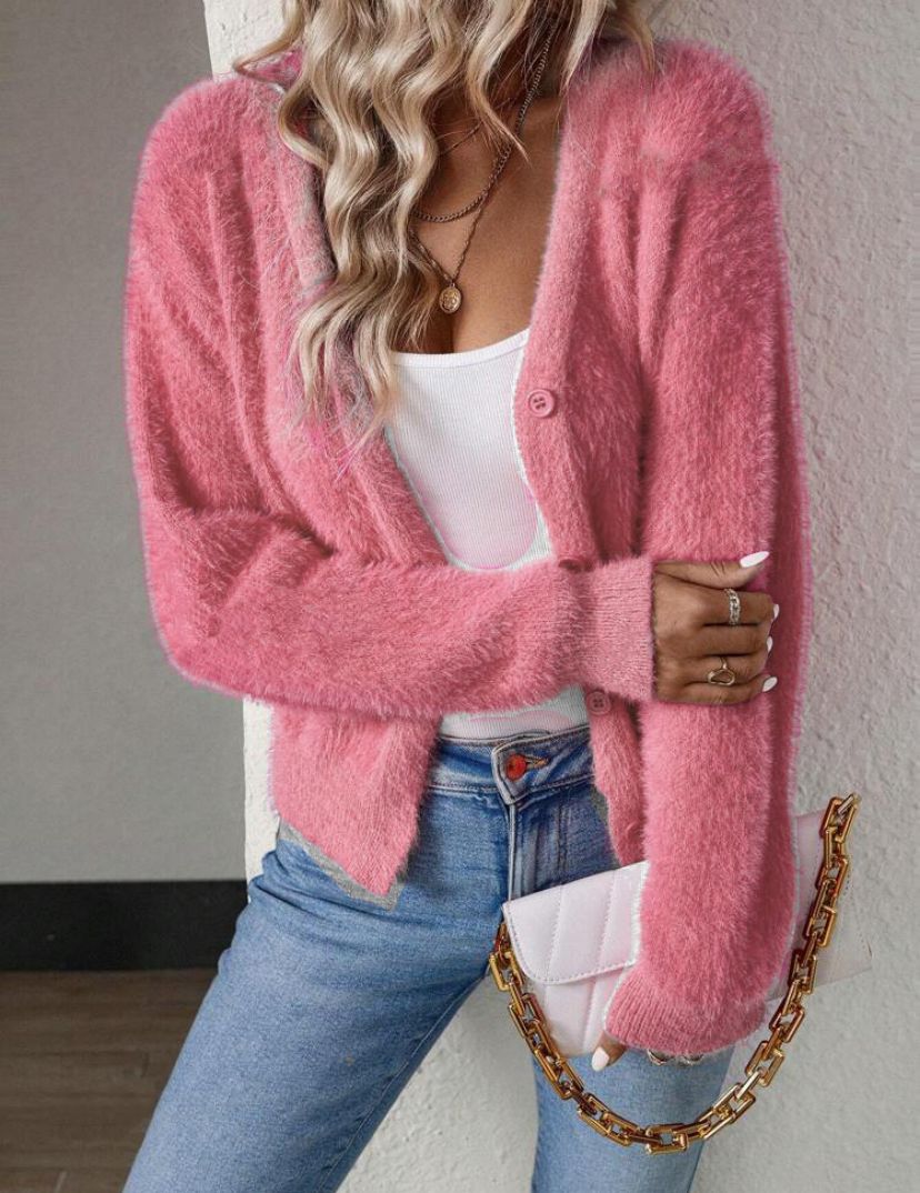 Street-wave Fluffy V Neck Cardigan With Button Detail For Women Cozy Soft Knit Everyday