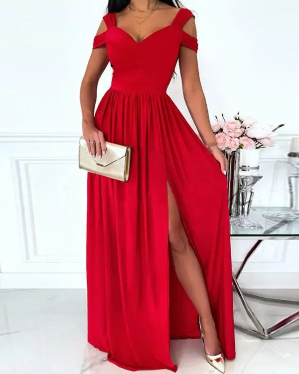Street Wave Off Shoulder Maxi Dress With High Slit For Glamorous Fashionable Women