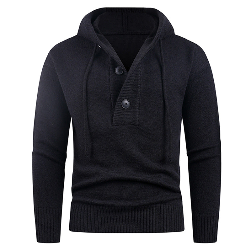 Street-wave Men Hooded Pullover With Button Detail - Cozy Modern Knit Sweatshirt