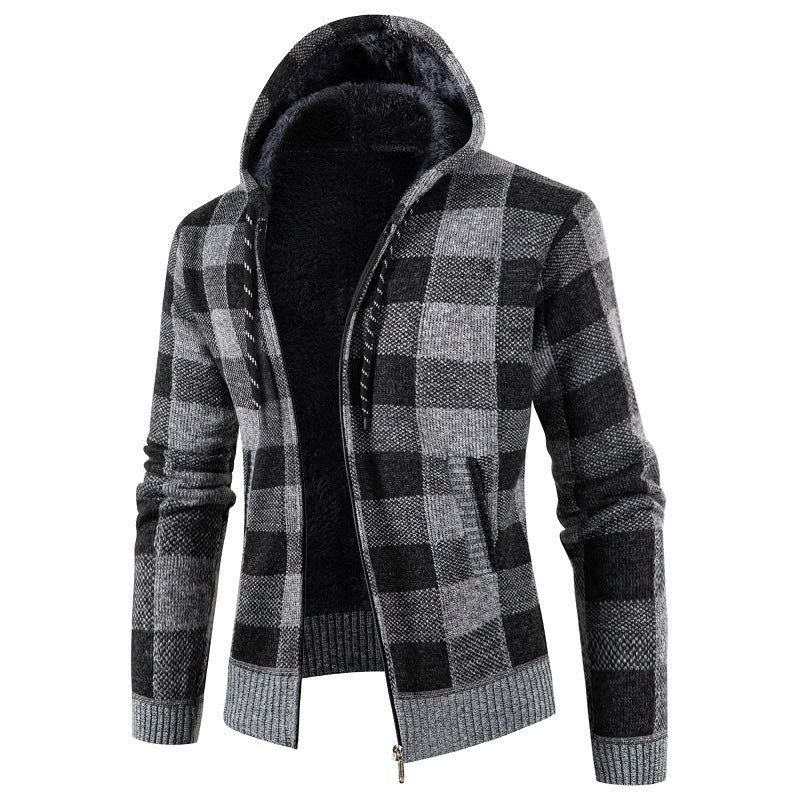 Men's Cozy Hooded Plaid Jacket Street-wave Warm Fleece Lined Winter Outerwear for Casual Wear