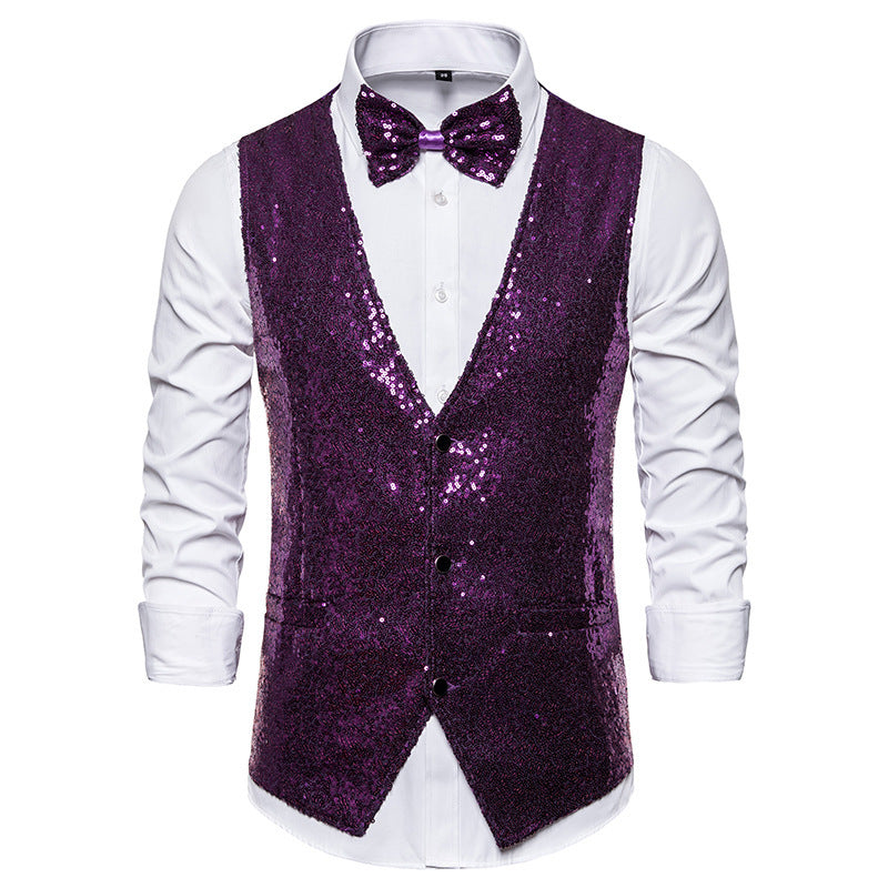Street-wave Men's Glitter Sequin Festive Vest With Bow Tie Glamorous Partywear For Men