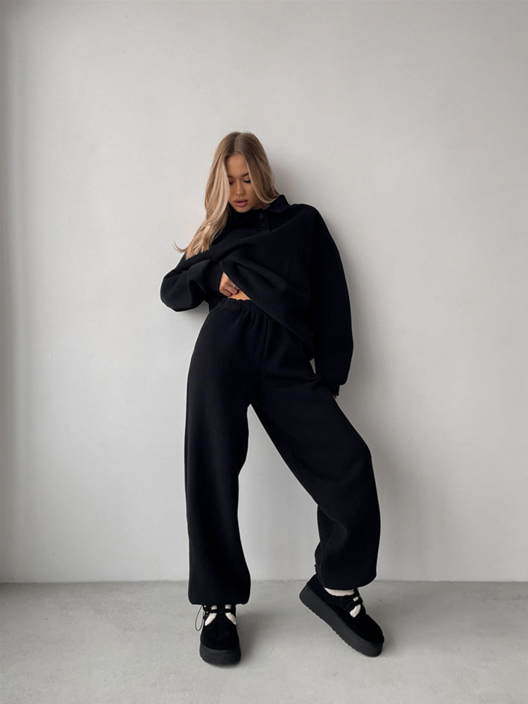Street-wave Women's Cozy Sweatshirt And Wide Leg Jogger Set With Modern Collar For Women