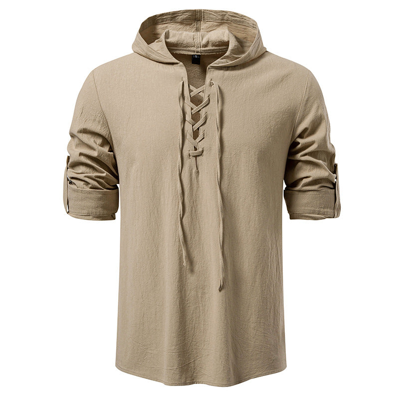 Streetwave Men's Lace Up Hooded Shirt Lightweight Breathable Casual Top For Everyday Wear