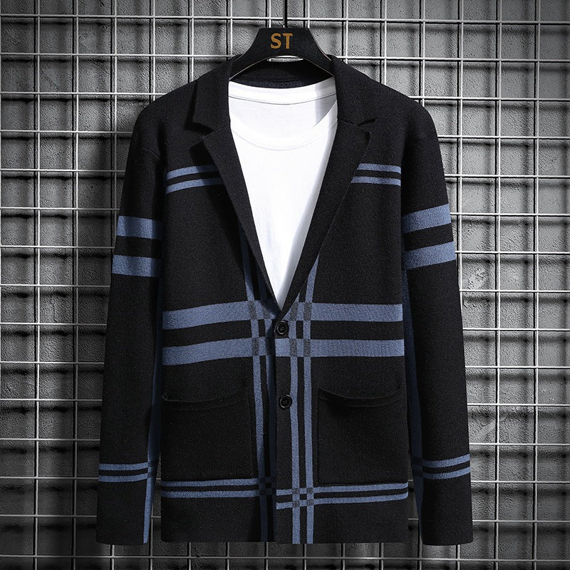 Men's Knit Cardigan With Unique Plaid Pattern Street-wave Versatile For Office To Weekend