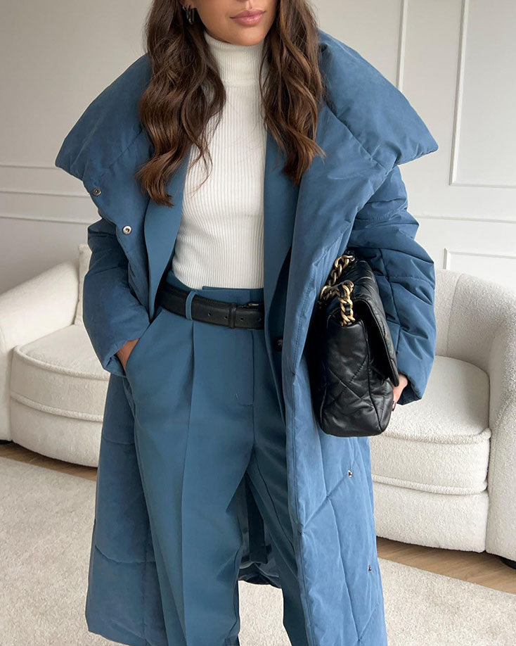 Street-Wave Long Cotton Coat With Large Lapel Belted Waist And Quilted Warmth For Women