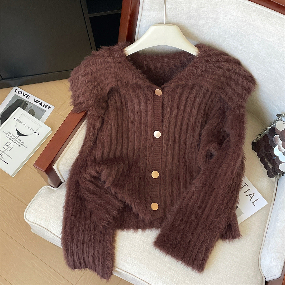 Fluffy Knit Cardigan For Women Street Wave Cozy Plush Texture With Wide Collar Button Placket