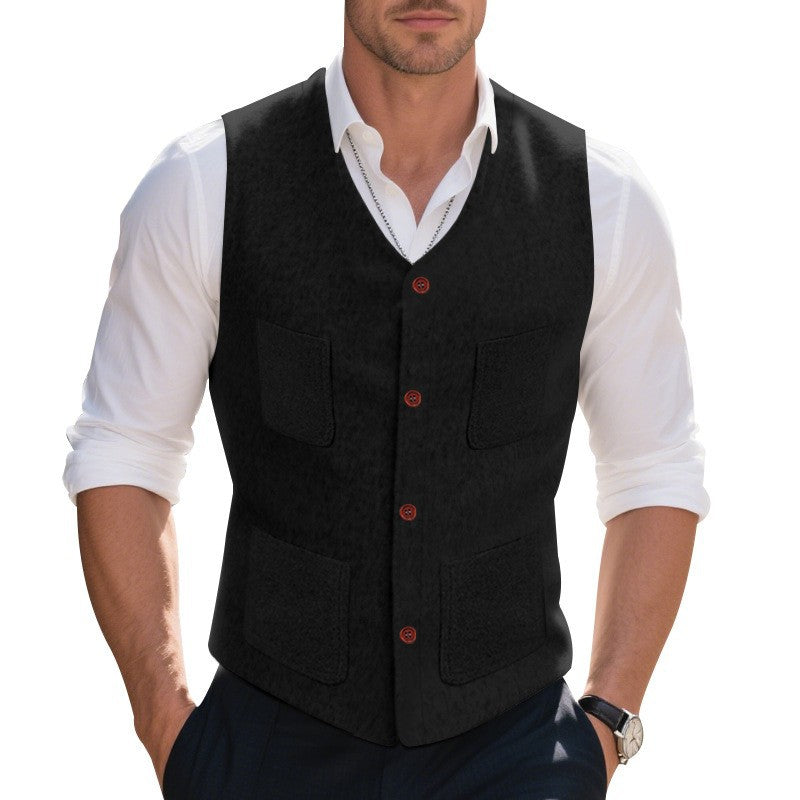 Mens Vest Street-wave Functional Pockets Elegant Button Details Warm Fabric For Modern Men