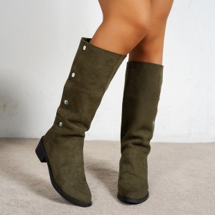 Street-wave Women Suede Knee-High Boots With Button Details For Elegant Comfort And Winter Style