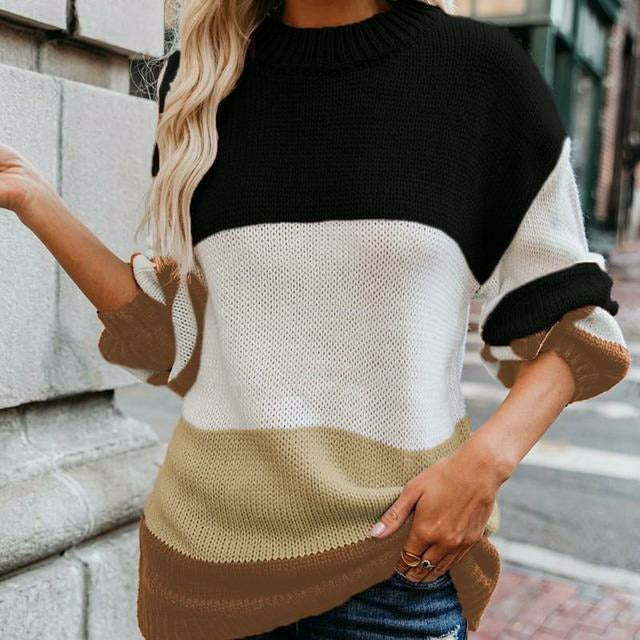 Street-wave Striped Knit Pullover With Double Stitch Seam, Cozy Cotton-Poly Knit Sweater For Women