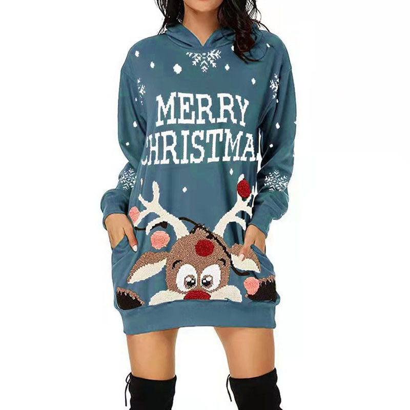 Street-wave Cozy Hooded Christmas Dress For Women With Cute Reindeer Motif And Merry Christmas Print