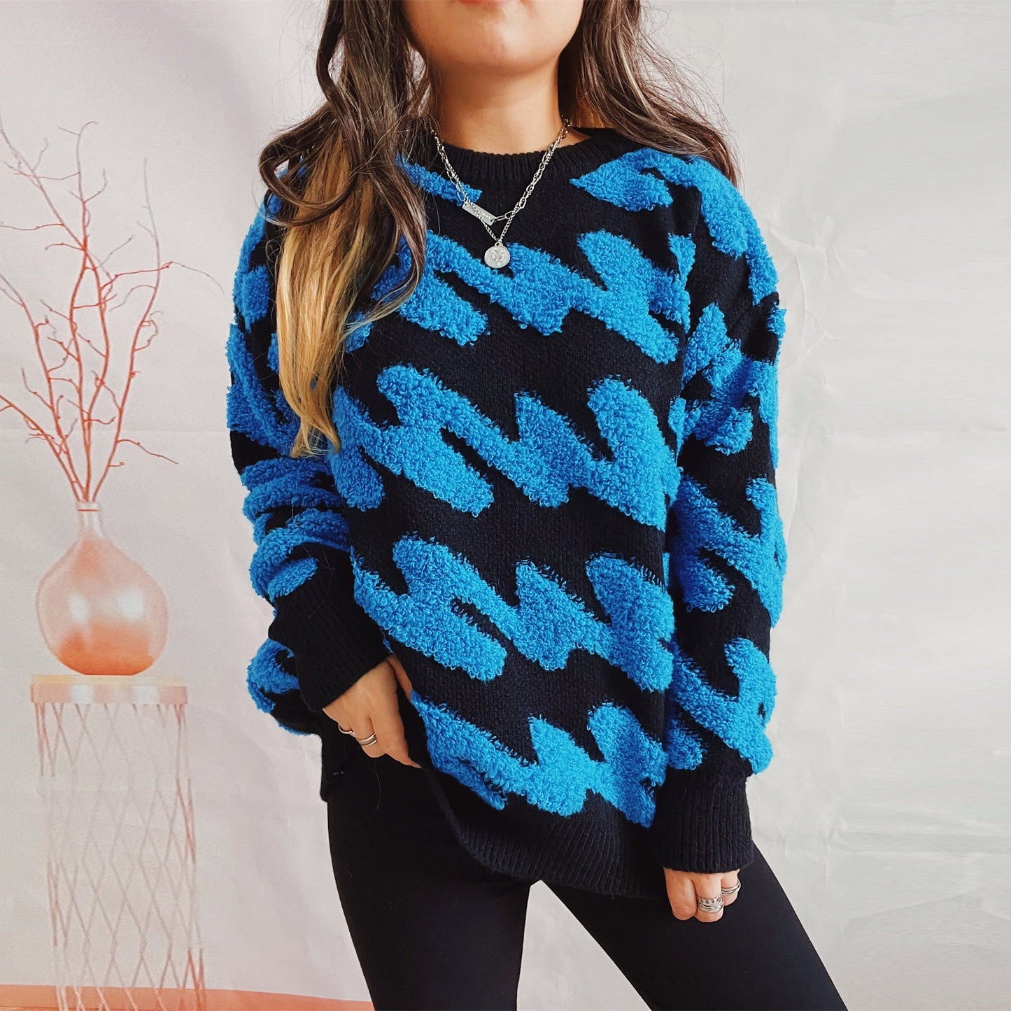 Street Wave Womens Textured Neon Knit Sweatshirt With Contrasting Pattern For Women Who Love Bold Color