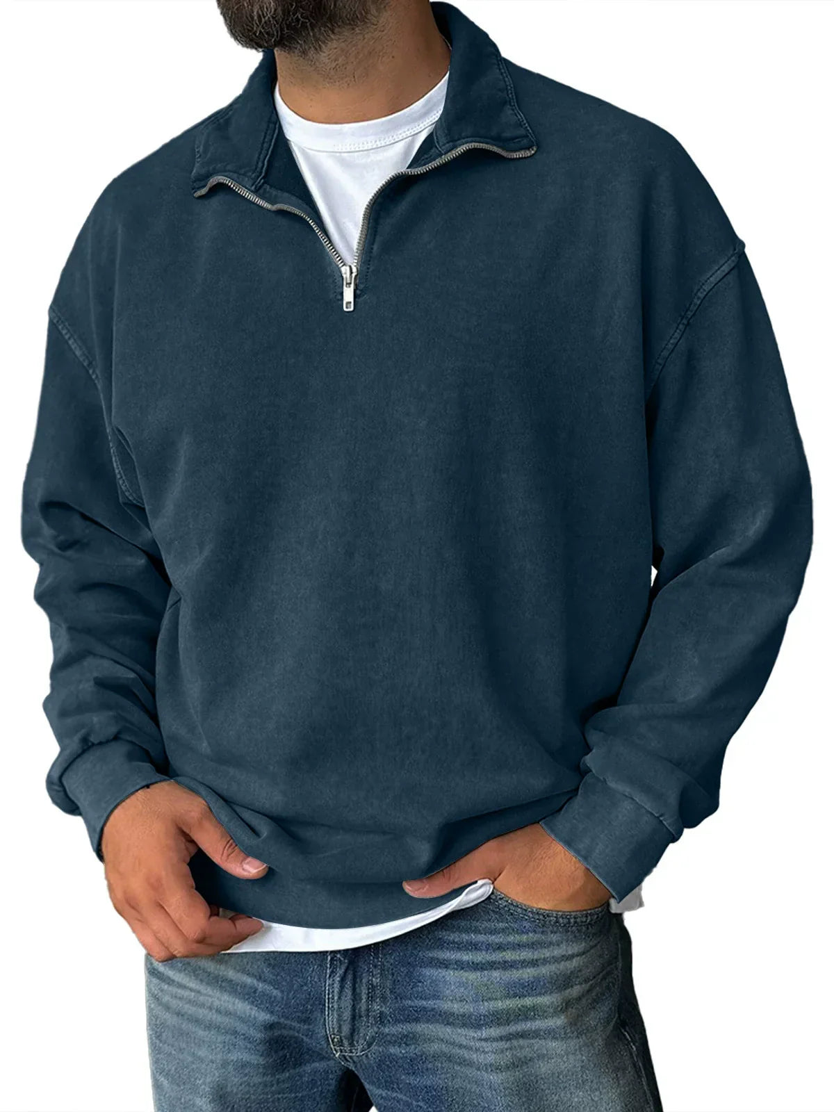 Street-Wave Mens Relaxed Fit Cotton Blend Half Zip Sweatshirt With Stand Collar