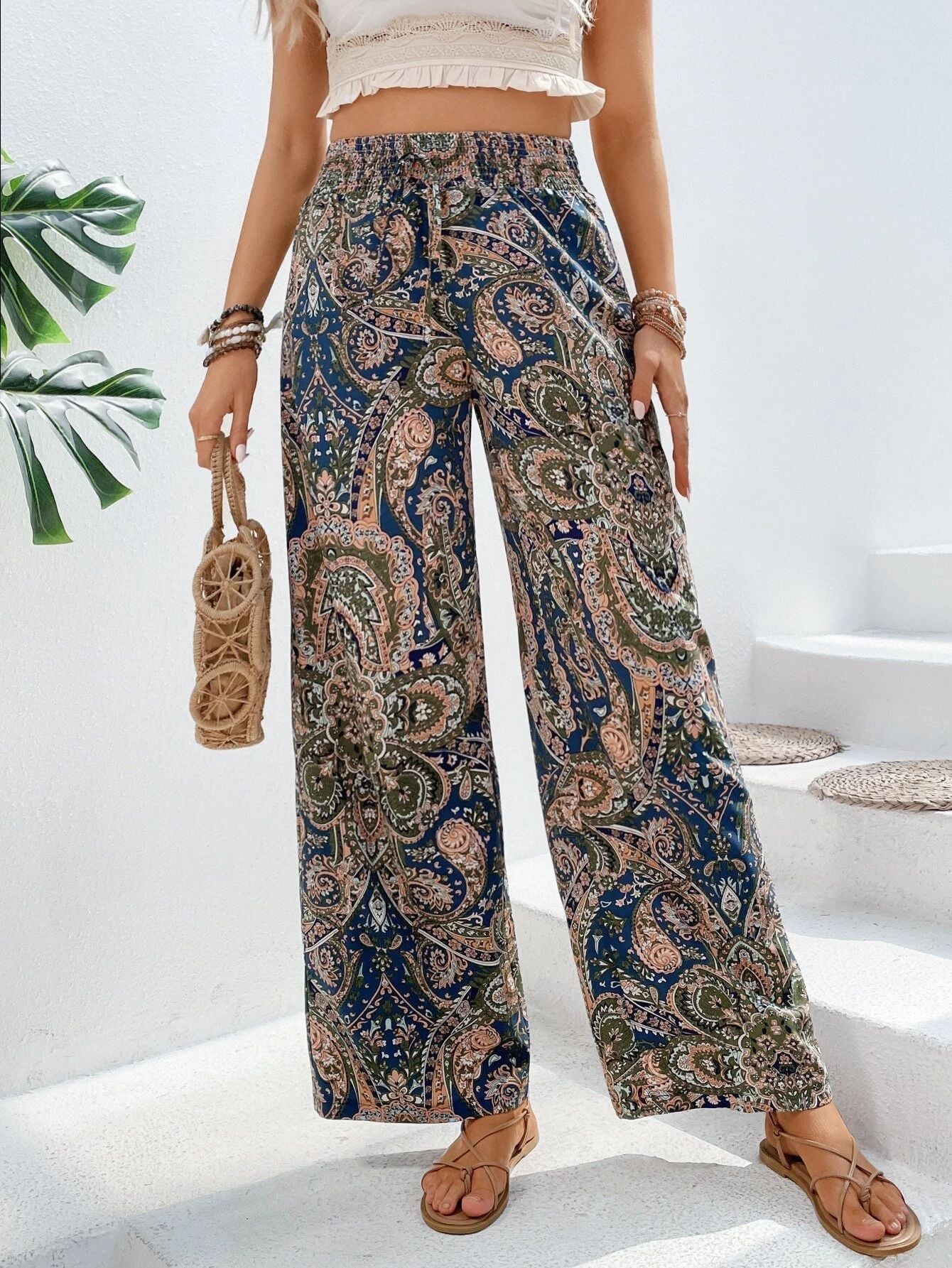 Nordisk-Flair Women Wide-Leg Pants Boho Print Light Drape Elastic Waist