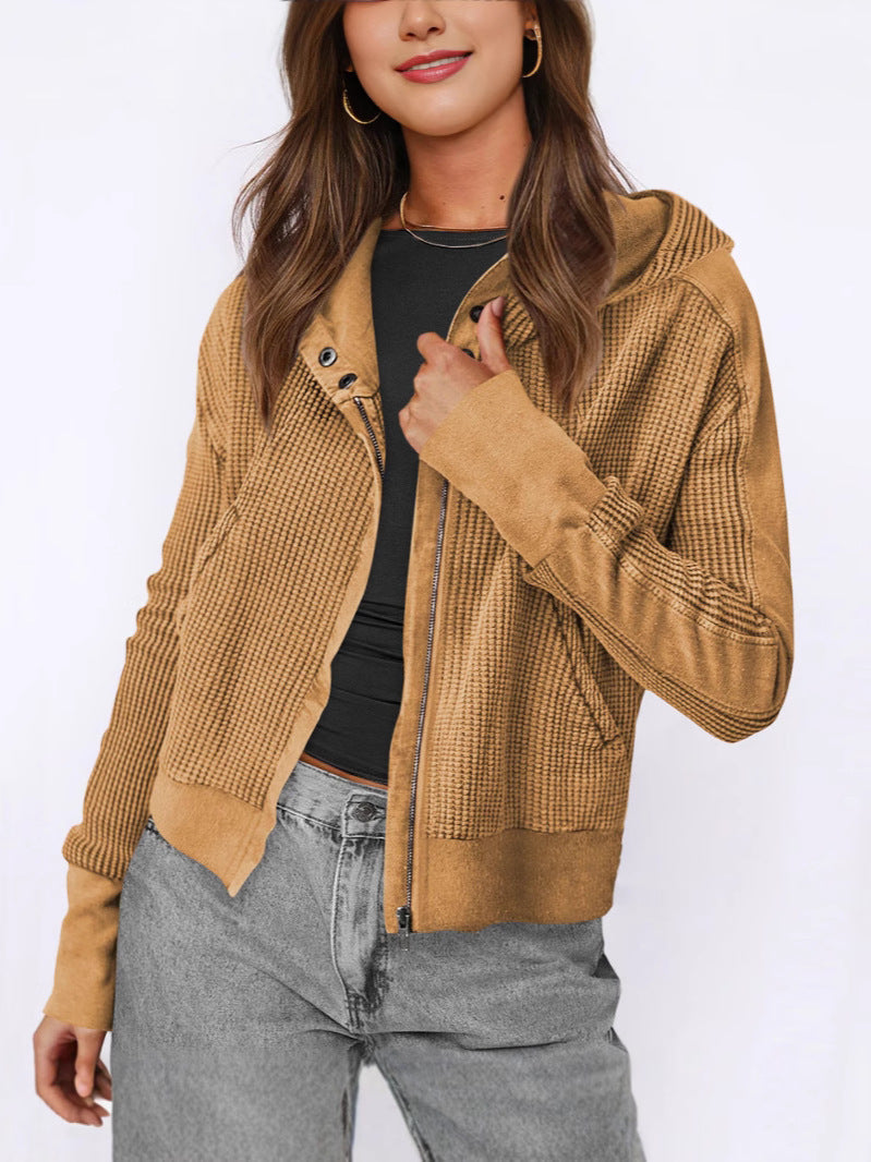 Street-wave Women's Textured Knit Zip Hoodie Jacket With Hood Cozy Structured Everyday Wear