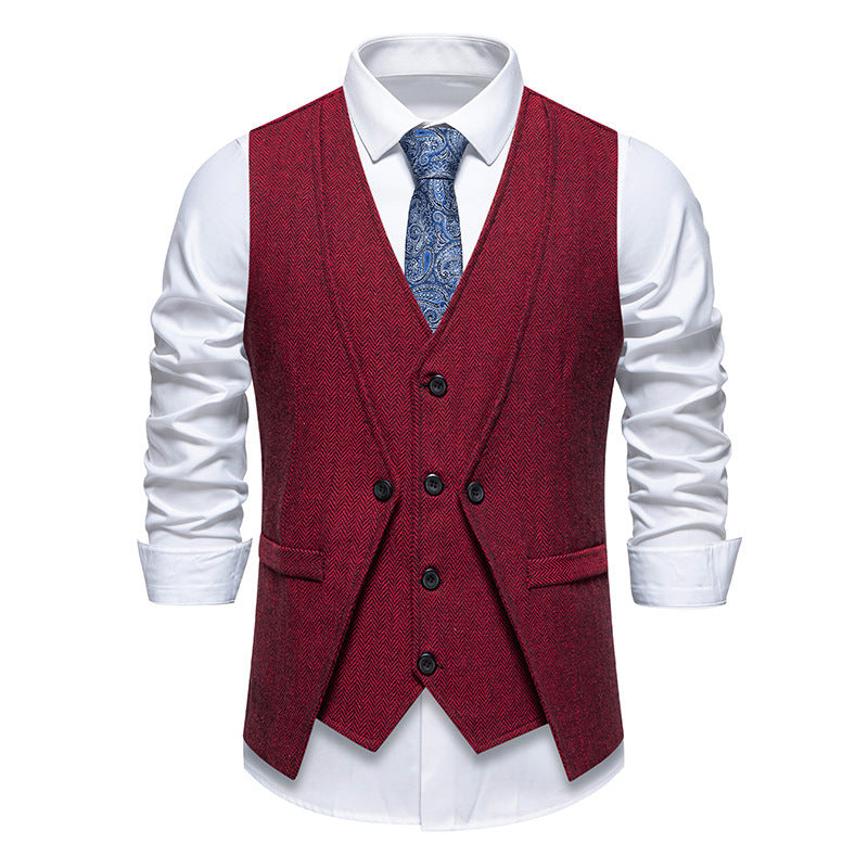 Street-Wave Herringbone Waistcoat For Men With Pockets Elegant Suit Vest For Formal Events