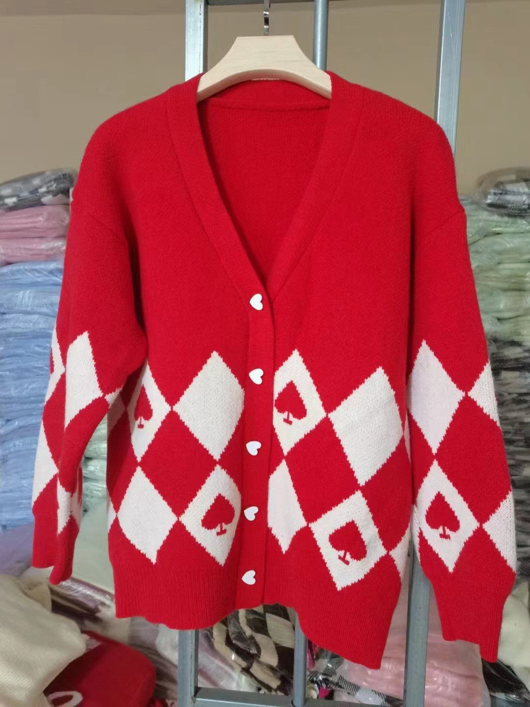 Womens Cardigan Street-wave Heart Button Argyle Knit Pattern Cozy Soft Warm Wool Blend For Women