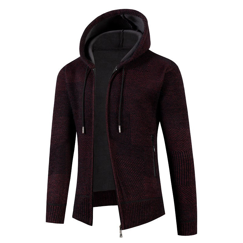 Street-wave Men's Knit Cardigan With Lined Hood And Waffle Pattern For Everyday Cozy Wear
