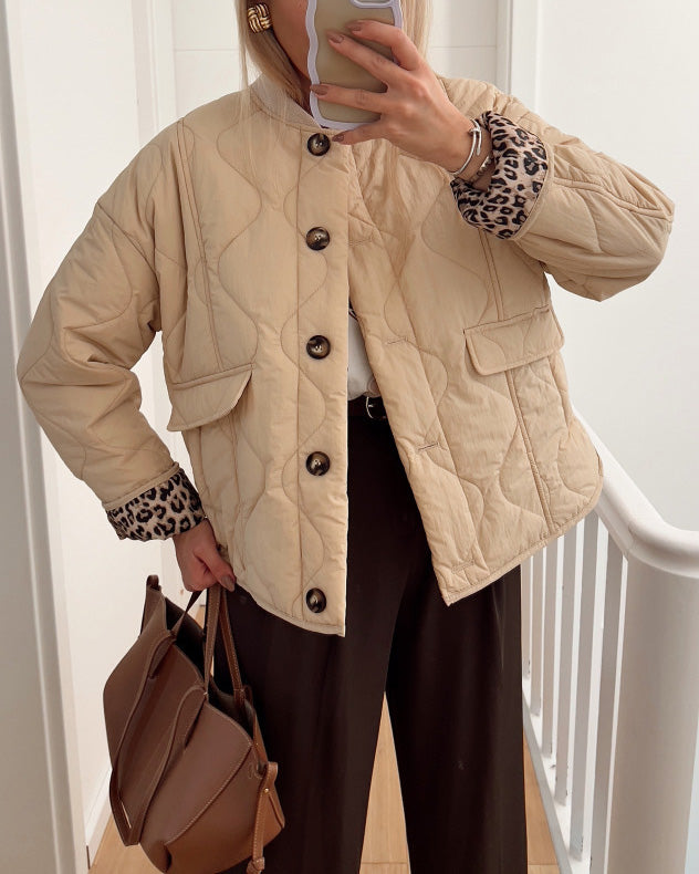 Street-Wave Quilted Padded Jacket With Leopard Print Lining Button Front Womens Warm Trendy Coat