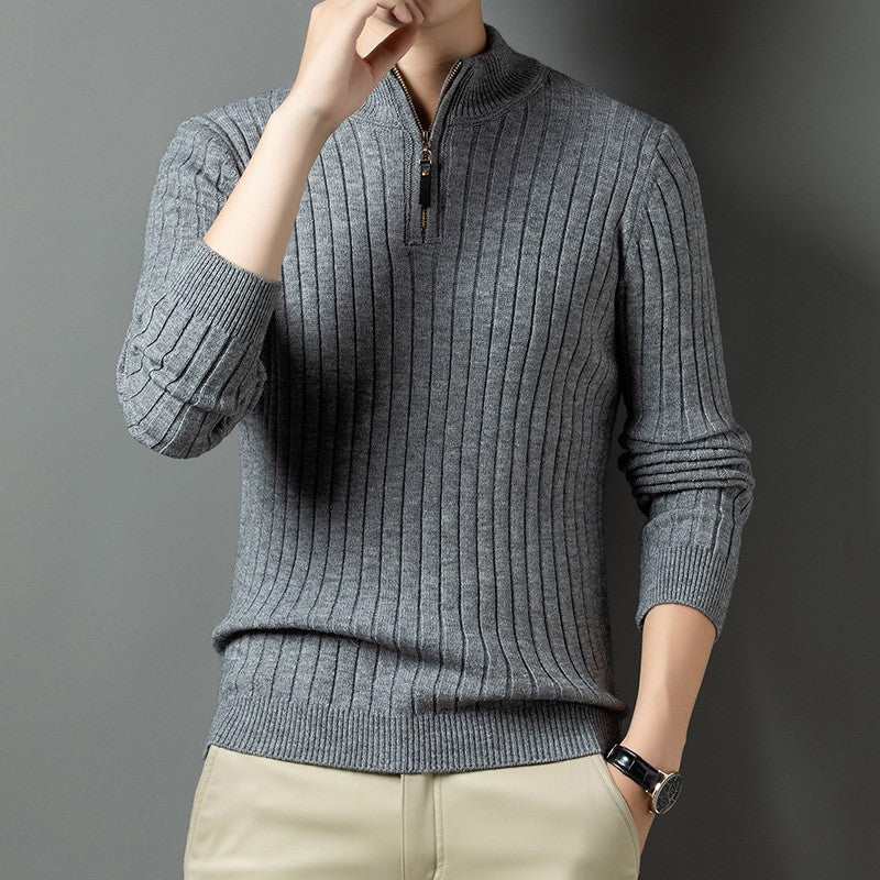 Street-wave Men's Rib Knit Pullover With Stand Collar Zip Breathable Office And Casual Wear