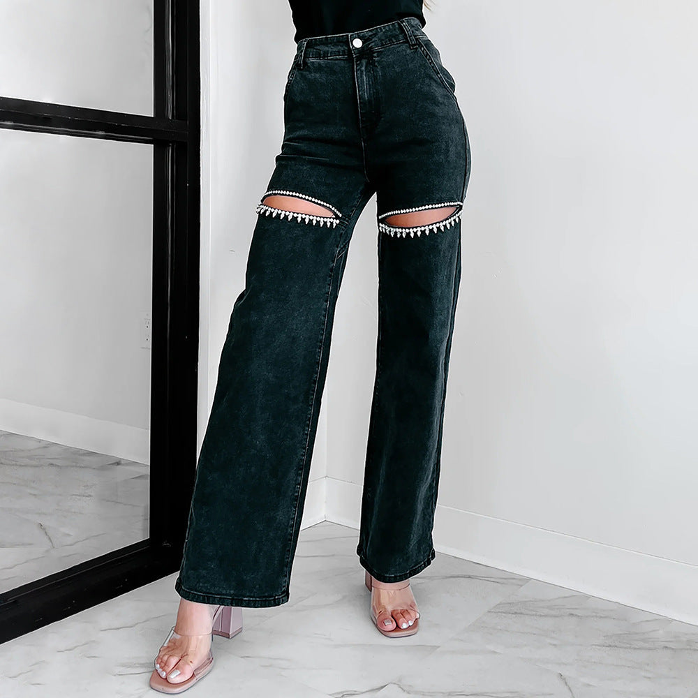 Street-wave High Waisted Jeans With Cutout Design For Women Chic Durable Streetwear Everyday
