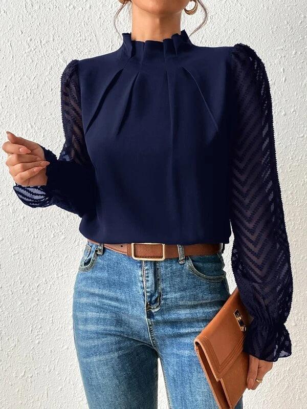 Street-wave Pleated Collar Blouse With Sheer Sleeves For Women, Chic Versatile Top