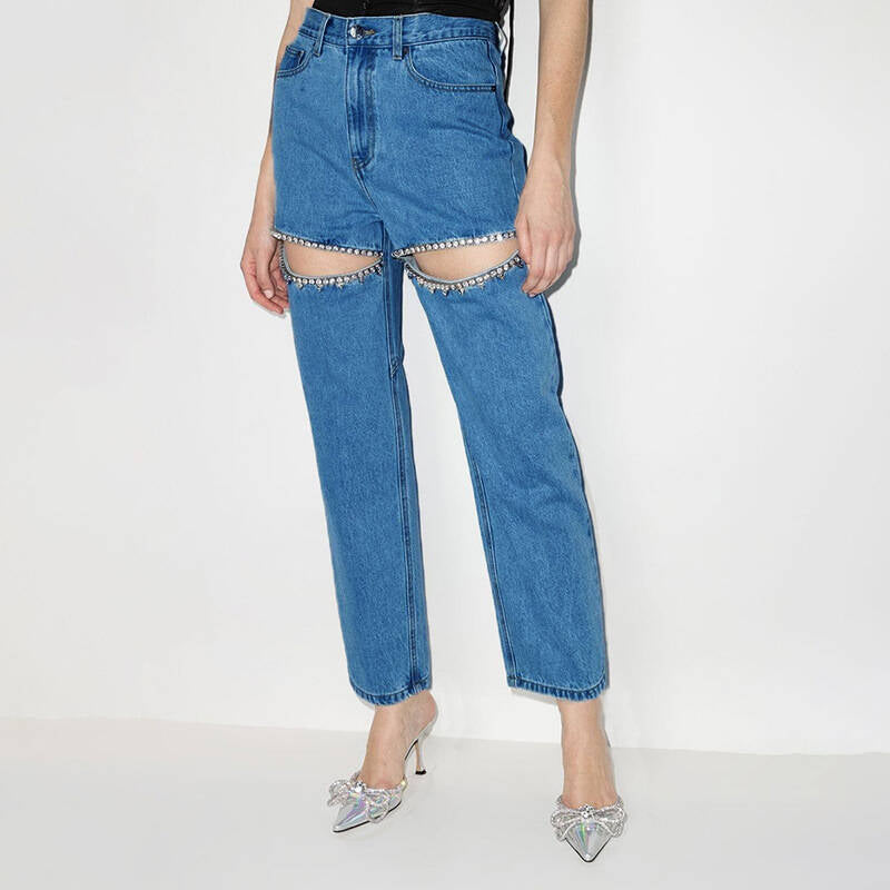 Street-wave Womens Denim Jeans With Cut-Outs And Rhinestones For Bold Fashionistas