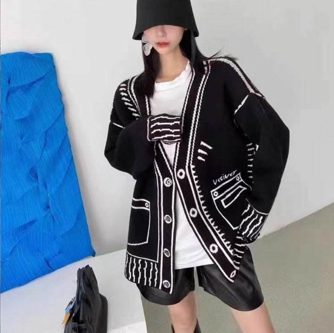 Street Wave Women Oversized Knit Cardigan With Creative Design And Large Buttons