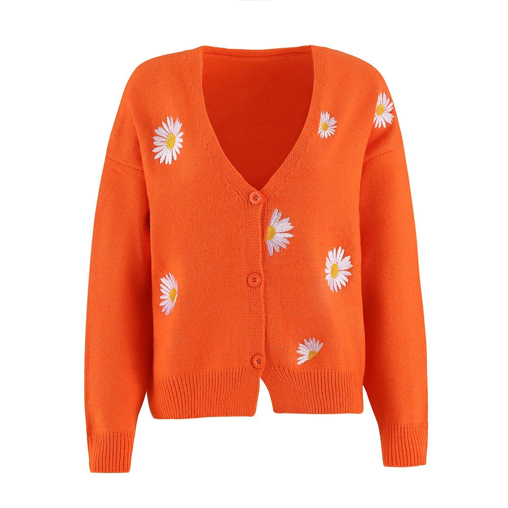 Floral Embroidered V Neck Cardigan For Women Cozy Cotton Street-wave Versatile Everyday Wear