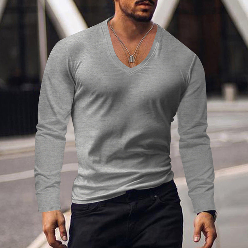 Street-wave Mens V Neck Long Sleeve Shirt Soft Cotton Blend Slim Fit Breathable Everyday Wear